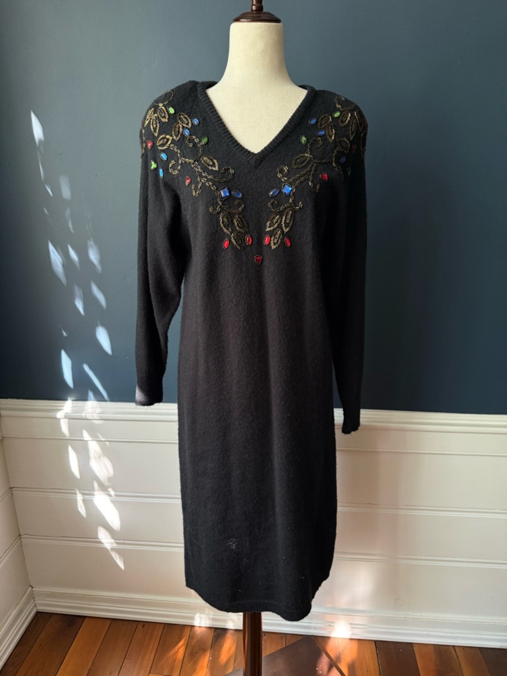 Vintage 80s Darian Petites Black Sweater with Multicolor Beaded Accent